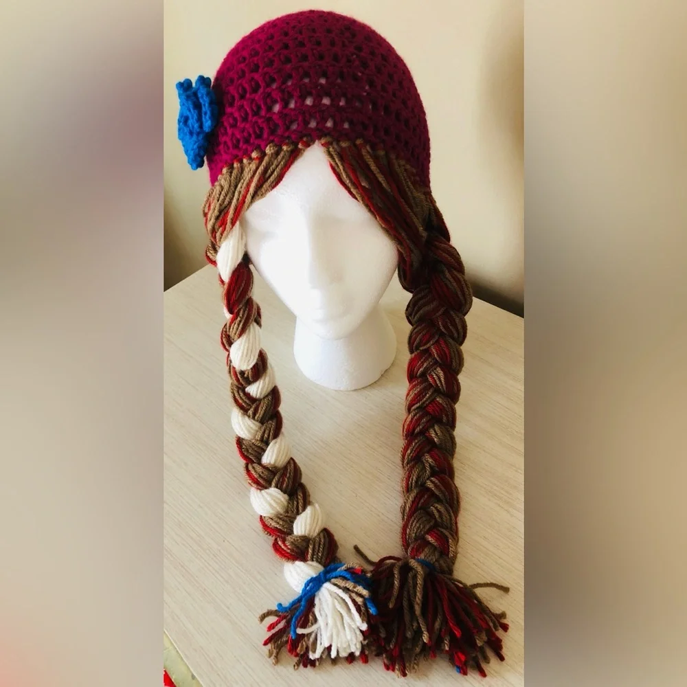 Handmade Crochet Anna-Inspired Hat – Burgundy Beanie‎ with Long Braided Pigtails